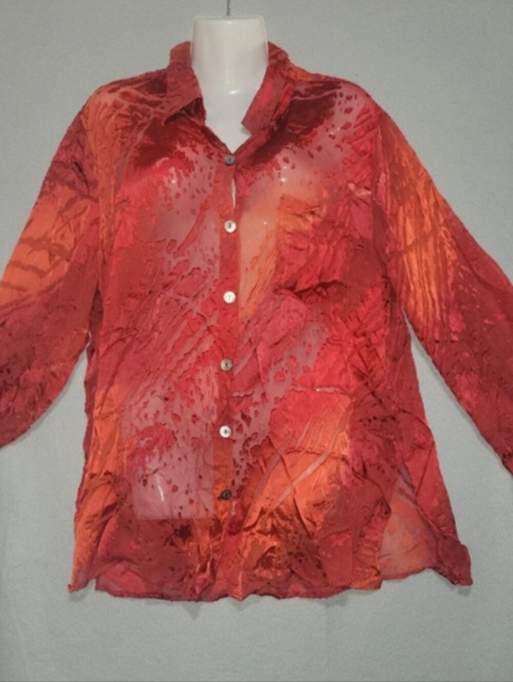 Chico's Size 2 Red Orange Abstract Burnout Pattern Long Sleeve